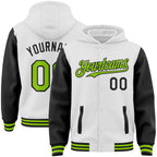 Custom White Neon Green-Black Bomber Full-Snap Varsity Letterman Two Tone Hoodie Jacket photo 1