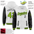Custom White Neon Green-Black Bomber Full-Snap Varsity Letterman Two Tone Hoodie Jacket photo 3