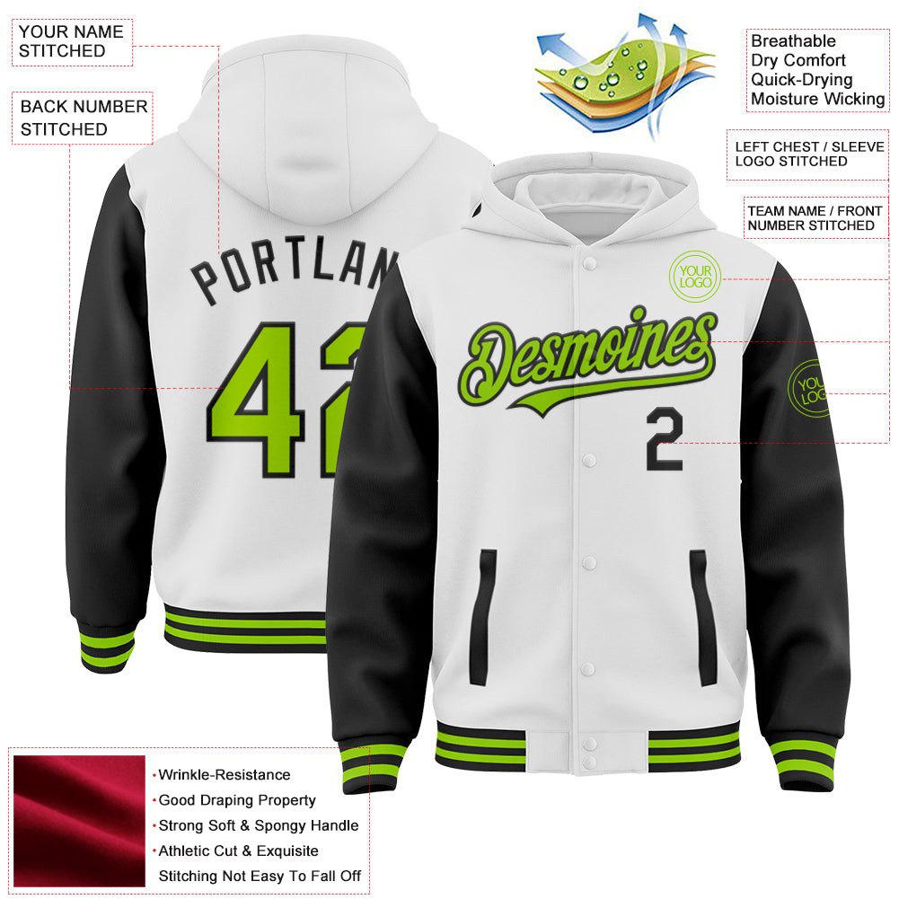 Custom White Neon Green-Black Bomber Full-Snap Varsity Letterman Two Tone Hoodie Jacket photo 3