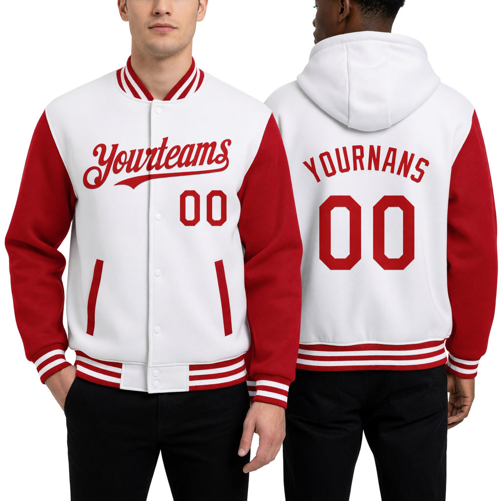 Custom White Red Bomber Full-Snap Varsity Letterman Two Tone Hoodie Jacket worn front and back