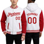 Custom White Red Bomber Full-Snap Varsity Letterman Two Tone Hoodie Jacket worn front and back