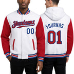 Custom White Red-Royal Bomber Full-Snap Varsity Letterman Two Tone Hoodie Jacket worn front and back