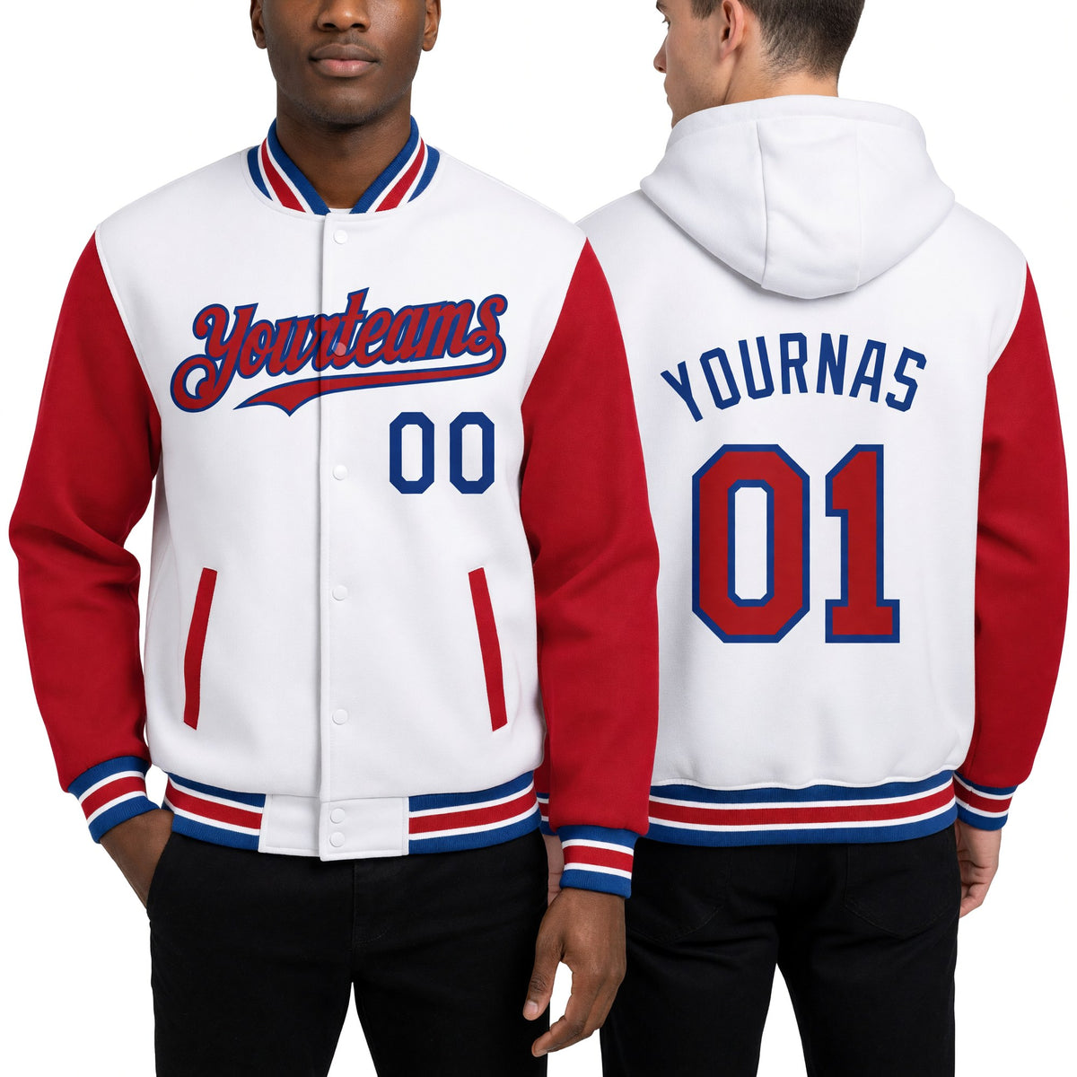 Custom White Red-Royal Bomber Full-Snap Varsity Letterman Two Tone Hoodie Jacket worn front and back