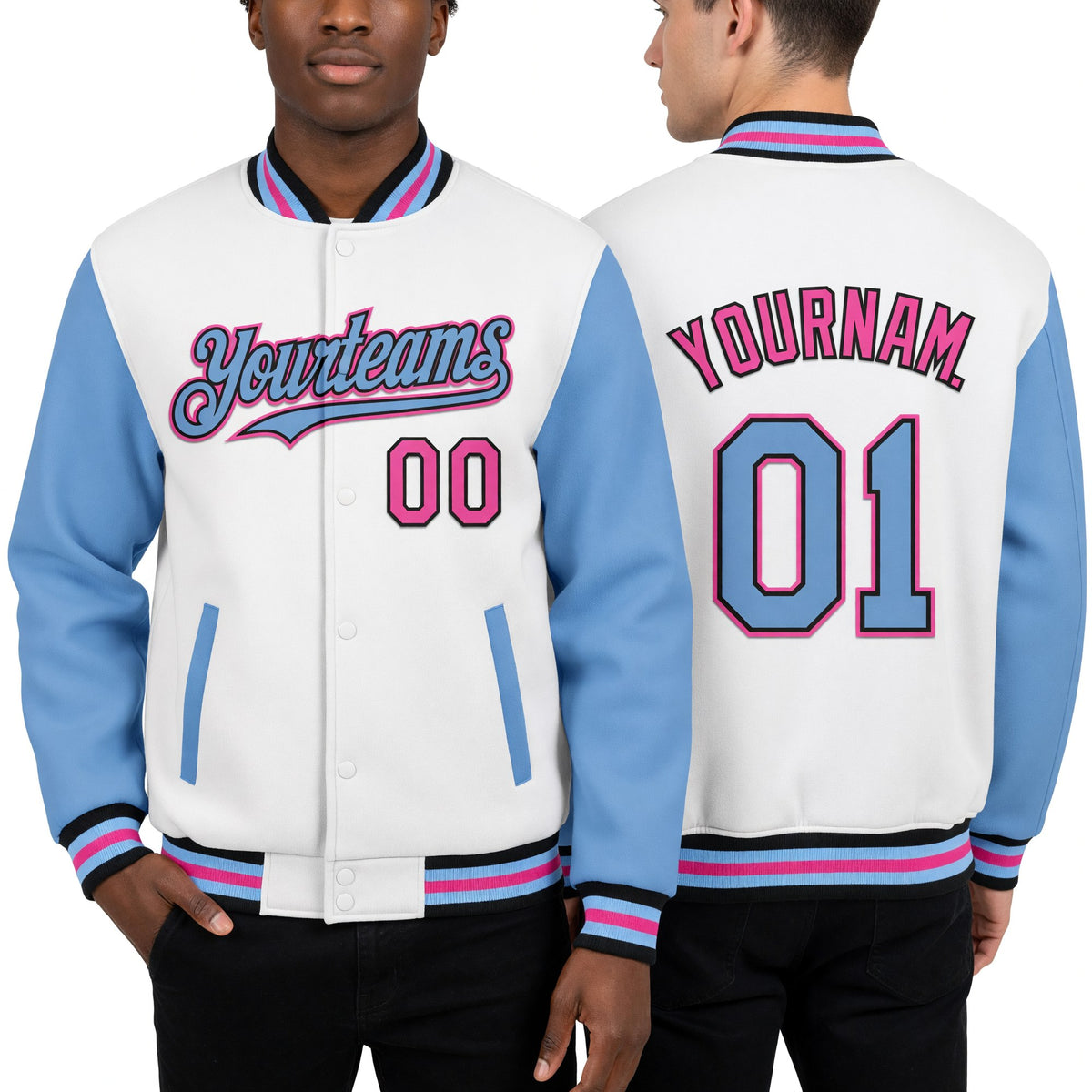 Custom White Light Blue Black-Pink Bomber Full-Snap Varsity Letterman Two Tone Hoodie Jacket worn front and back