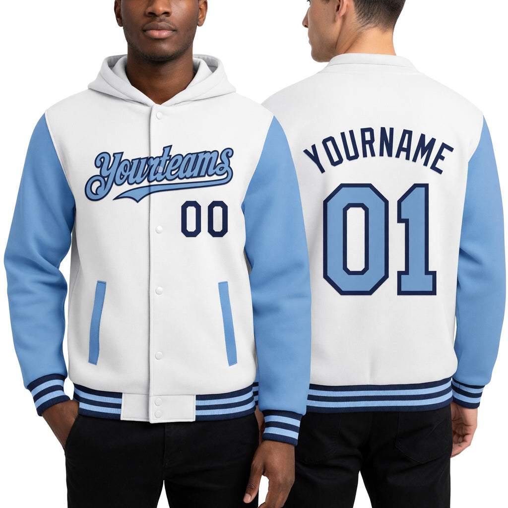 Custom White Light Blue-Navy Bomber Full-Snap Varsity Letterman Two Tone Hoodie Jacket worn front and back