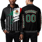Custom Black Kelly Green Red-Gray Mexico Mexican Flag 3D Bomber Full-Snap Varsity Letterman Hoodie Jacket worn front and back