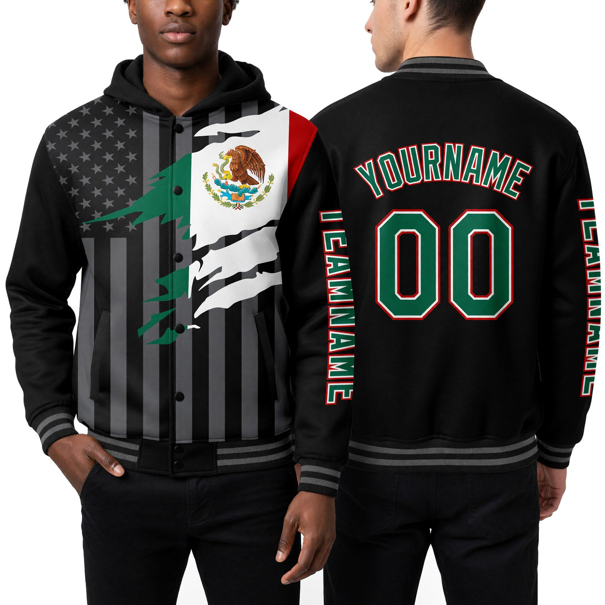 Custom Black Kelly Green Red-Gray Mexico Mexican Flag 3D Bomber Full-Snap Varsity Letterman Hoodie Jacket worn front and back