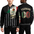 Custom Black Vintage Mexican Flag Cream-Gray Mexico 3D Bomber Full-Snap Varsity Letterman Hoodie Jacket worn front and back