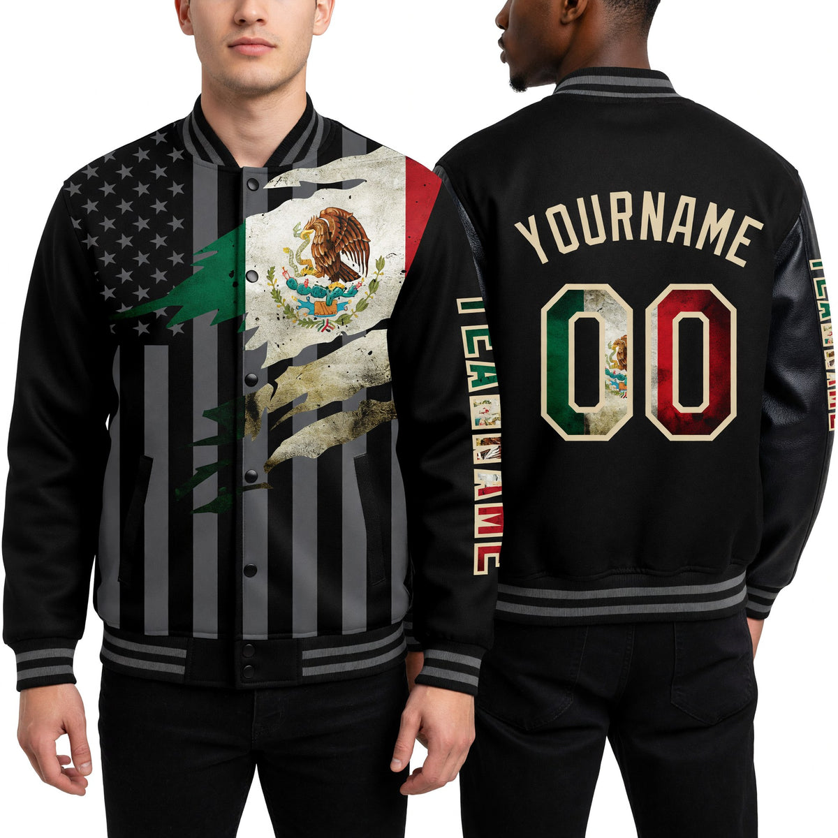 Custom Black Vintage Mexican Flag Cream-Gray Mexico 3D Bomber Full-Snap Varsity Letterman Hoodie Jacket worn front and back