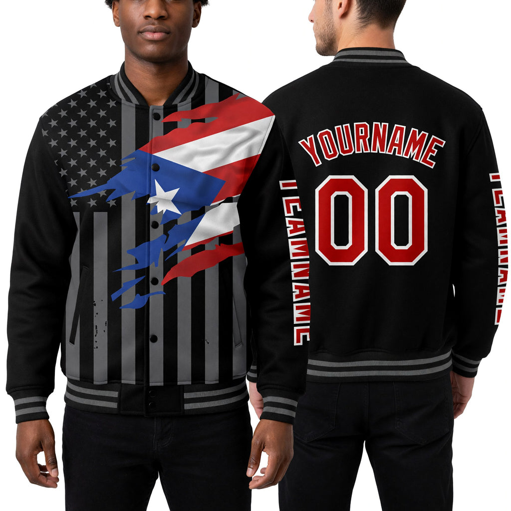 Custom Black Red-Gray Puerto Rico Puerto Rican Flag 3D Bomber Full-Snap Varsity Letterman Hoodie Jacket worn front and back