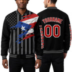 Custom Black Red-Gray Puerto Rico Puerto Rican Flag 3D Bomber Full-Snap Varsity Letterman Hoodie Jacket worn front and back