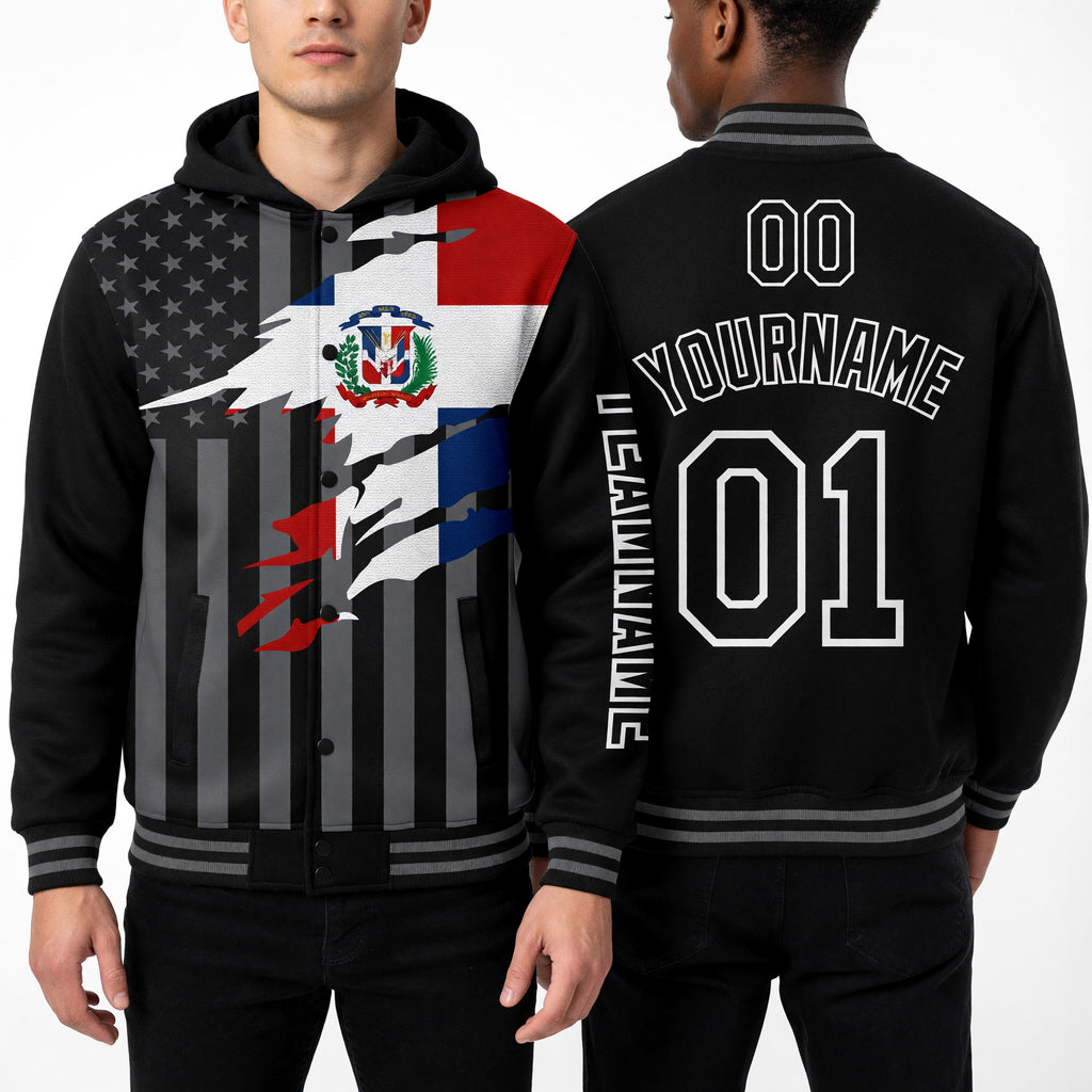Custom Black Gray-White Dominican Republic Flag 3D Bomber Full-Snap Varsity Letterman Hoodie Jacket worn front and back