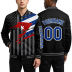 Custom Black Royal-Gray Cuba Cuban Flag 3D Bomber Full-Snap Varsity Letterman Hoodie Jacket worn front and back