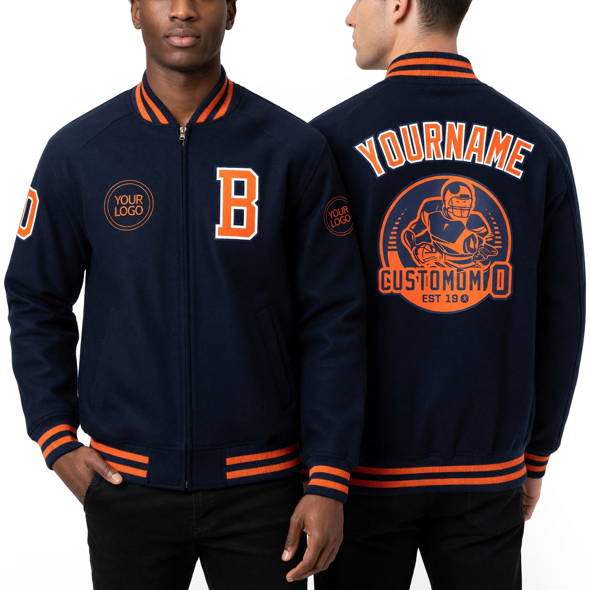 Custom Navy Orange-White Bomber Varsity Letterman Zipper Jacket worn front and back