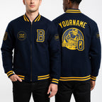 Custom Navy Gold Bomber Varsity Letterman Zipper Jacket worn front and back
