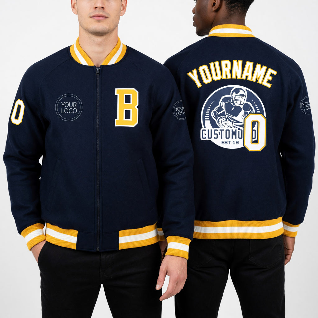 Custom Navy White-Gold Bomber Varsity Letterman Zipper Jacket worn front and back