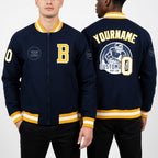 Custom Navy White-Gold Bomber Varsity Letterman Zipper Jacket worn front and back