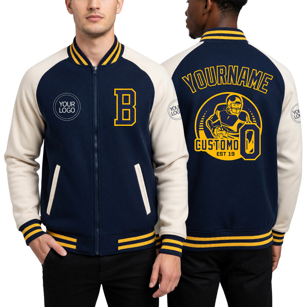 Custom Navy Gold-Cream Bomber Varsity Letterman Two Tone Zipper Jacket worn front and back