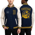 Custom Navy Gold-Cream Bomber Varsity Letterman Two Tone Zipper Jacket worn front and back