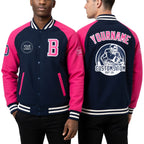 Custom Navy Pink-White Bomber Varsity Letterman Two Tone Zipper Jacket worn front and back