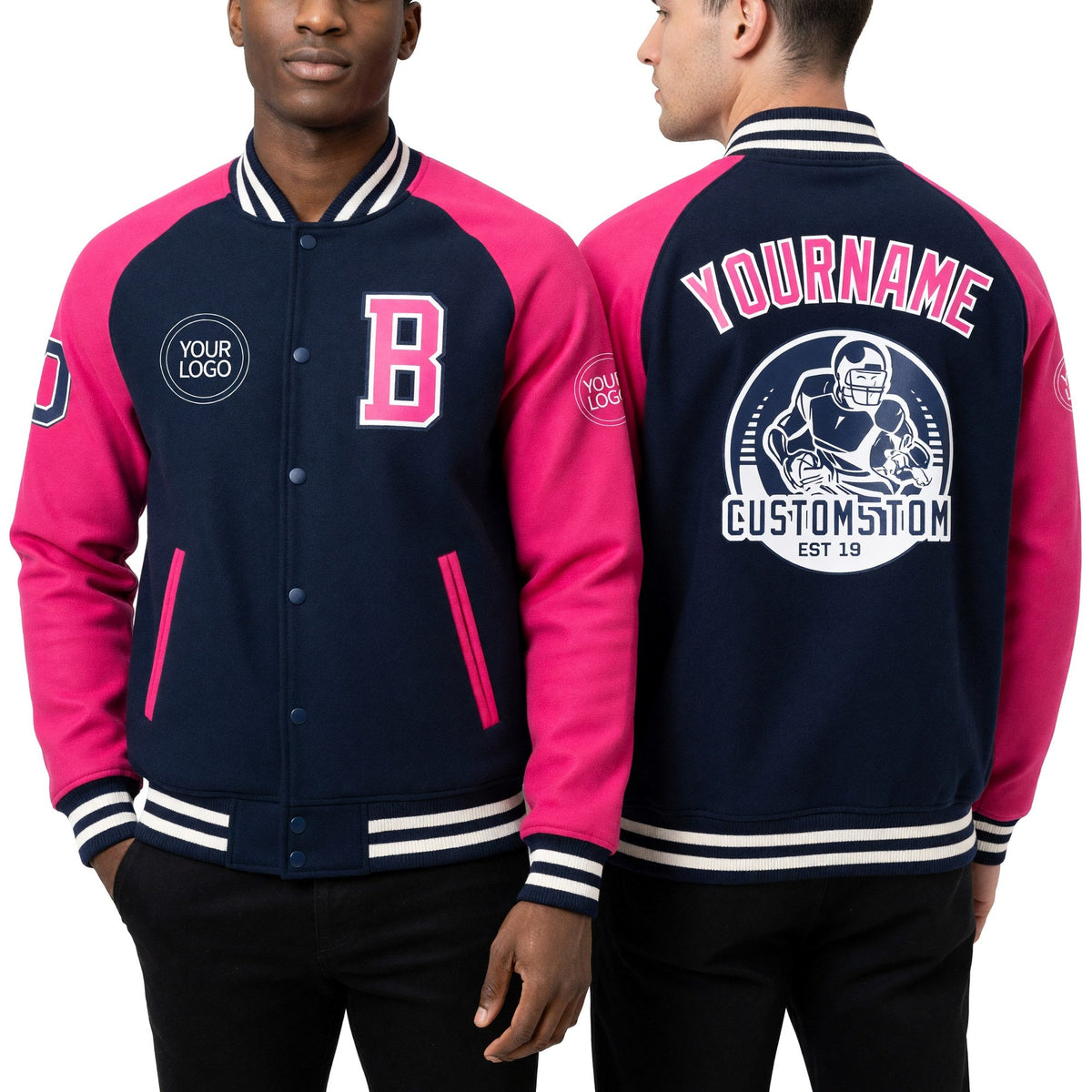 Custom Navy Pink-White Bomber Varsity Letterman Two Tone Zipper Jacket worn front and back