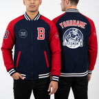 Custom Navy Red-White Bomber Varsity Letterman Two Tone Zipper Jacket worn front and back