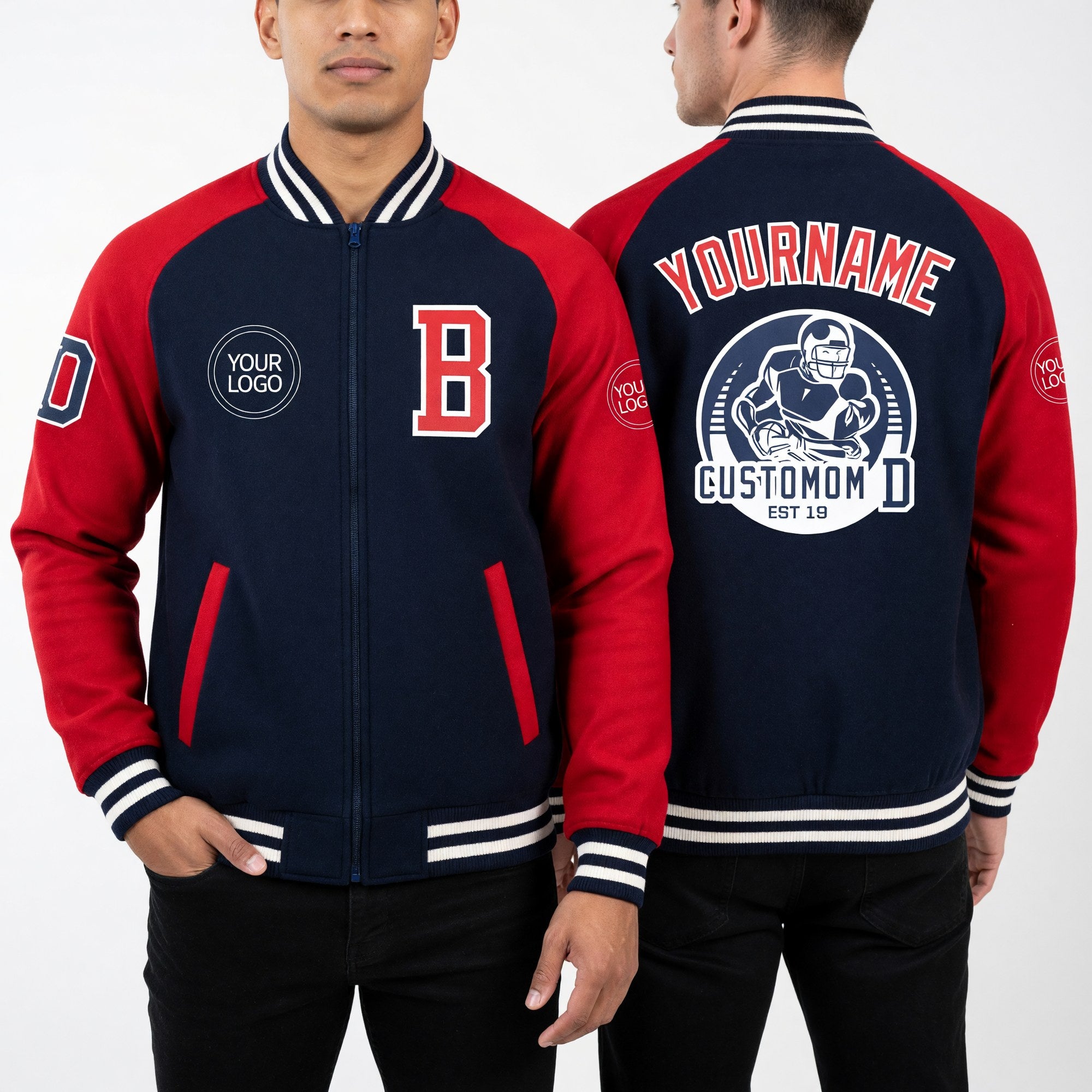 Custom Navy Red-White Bomber Varsity Letterman Two Tone Zipper Jacket worn front and back