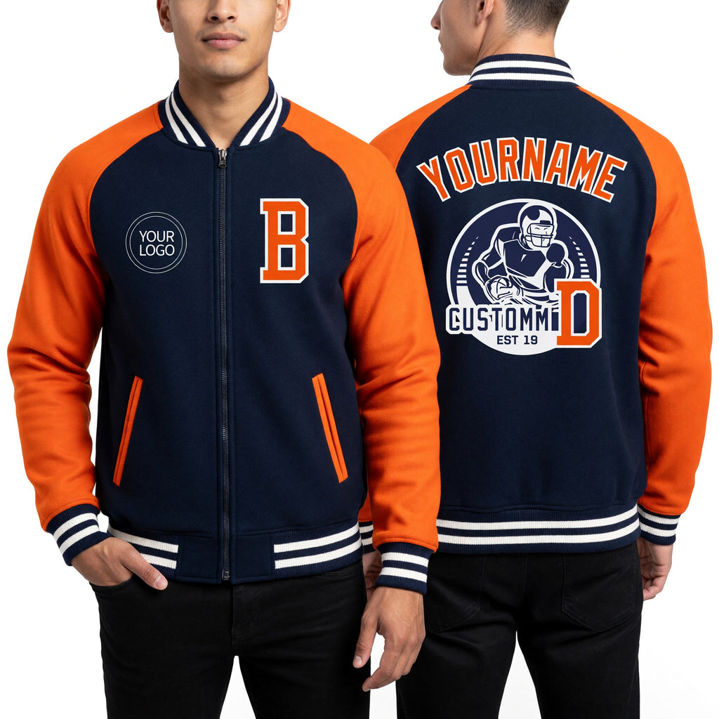 Custom Navy Orange-White Bomber Varsity Letterman Two Tone Zipper Jacket worn front and back