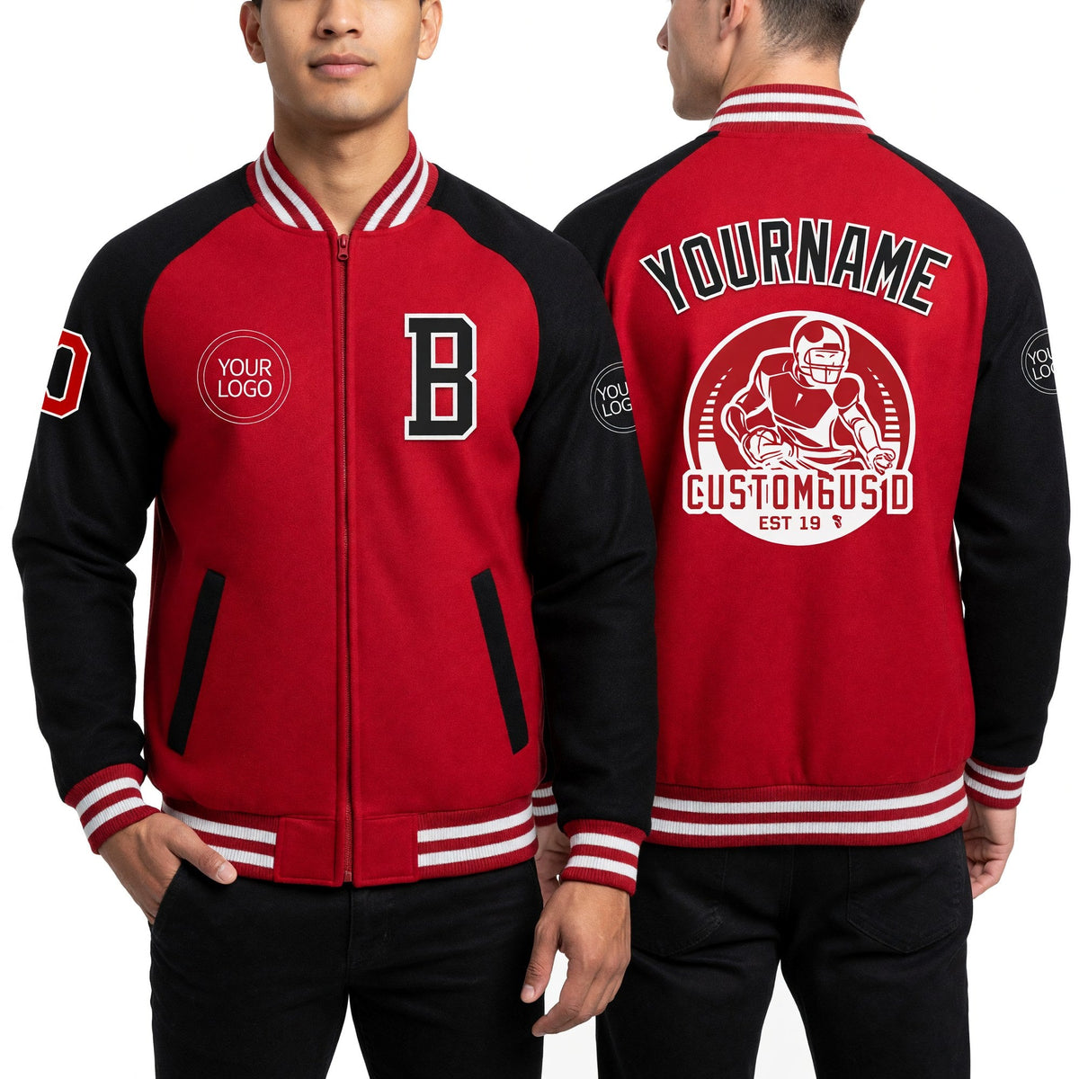 Custom Red Black-White Bomber Varsity Letterman Two Tone Zipper Jacket worn front and back