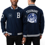 Custom Royal White Bomber Varsity Letterman Zipper Jacket worn front and back