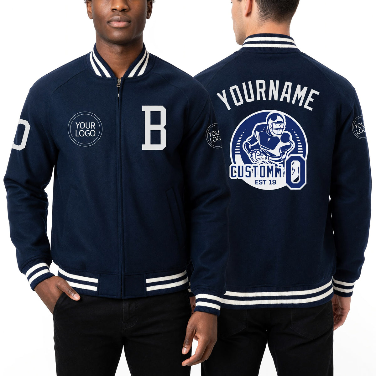 Custom Royal White Bomber Varsity Letterman Zipper Jacket worn front and back