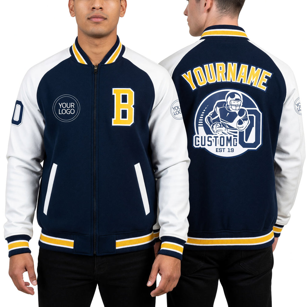 Custom Royal Yellow-White Bomber Varsity Letterman Two Tone Zipper Jacket worn front and back