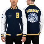 Custom Royal Yellow-White Bomber Varsity Letterman Two Tone Zipper Jacket worn front and back