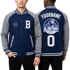 Custom Royal White-Gray Bomber Varsity Letterman Two Tone Zipper Jacket worn front and back