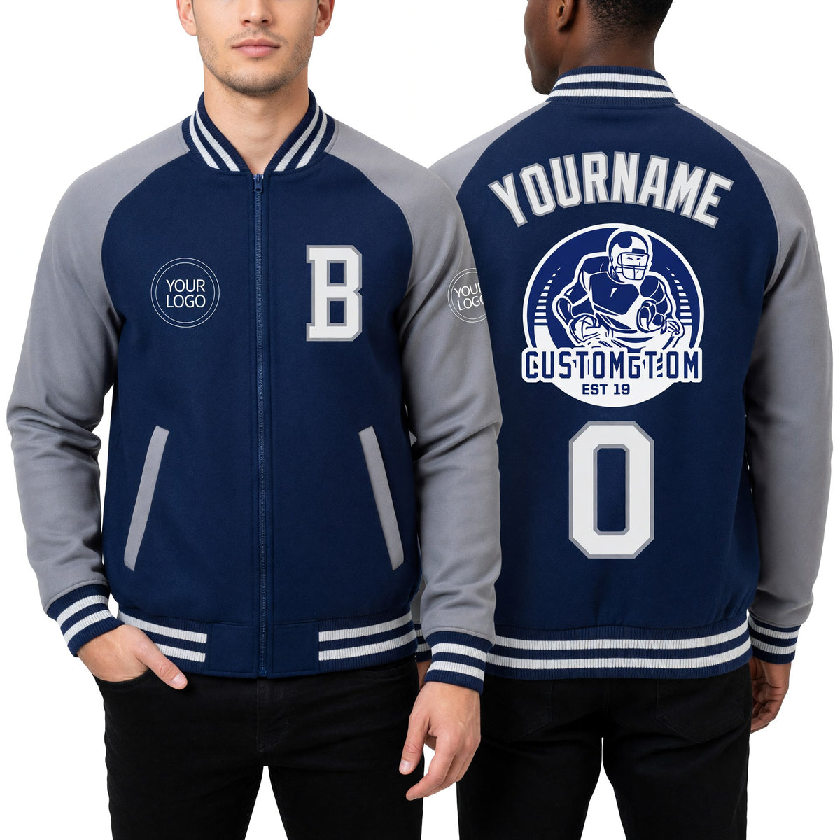 Custom Royal White-Gray Bomber Varsity Letterman Two Tone Zipper Jacket worn front and back