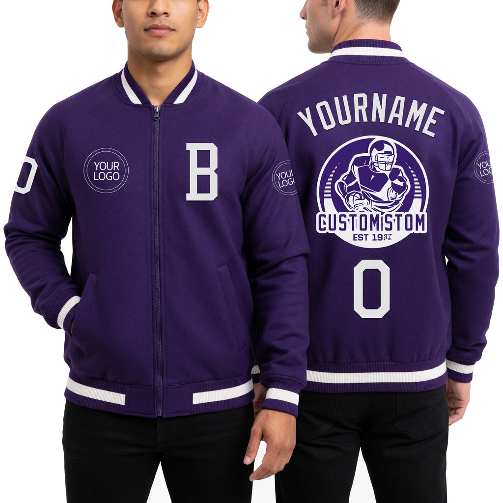 Custom Purple White Bomber Varsity Letterman Zipper Jacket worn front and back