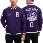 Custom Purple White Bomber Varsity Letterman Zipper Jacket worn front and back