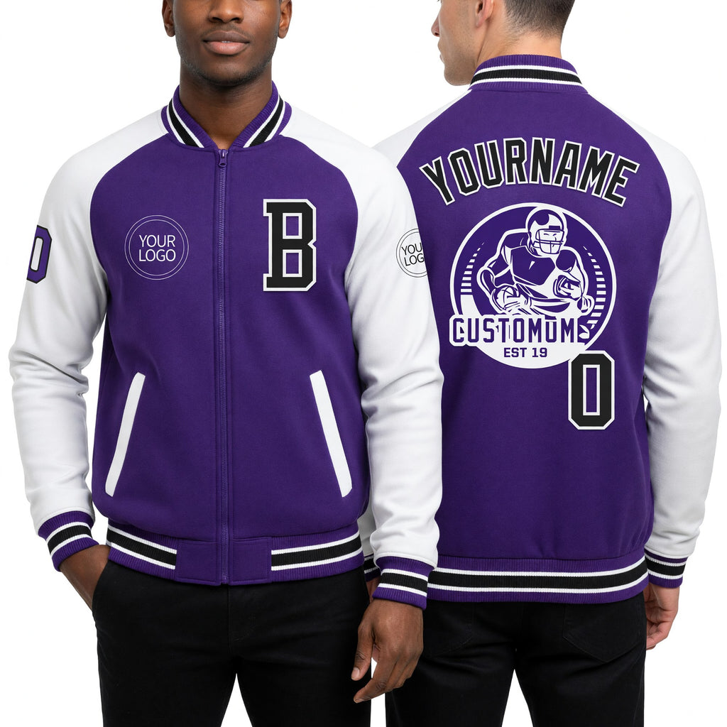 Custom Purple Black-White Bomber Varsity Letterman Two Tone Zipper Jacket worn front and back