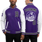 Custom Purple Black-White Bomber Varsity Letterman Two Tone Zipper Jacket worn front and back