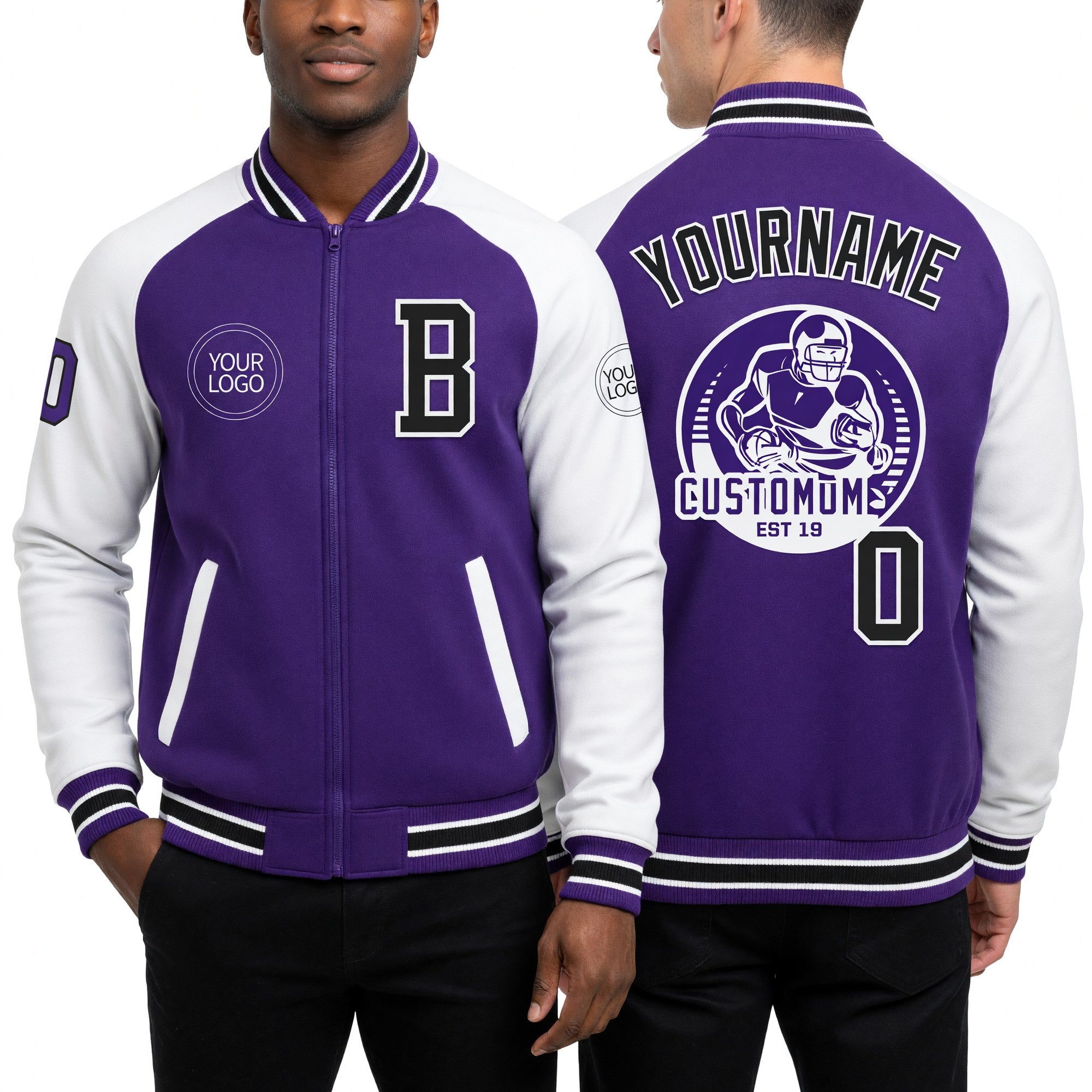 Custom Purple Black-White Bomber Varsity Letterman Two Tone Zipper Jacket worn front and back