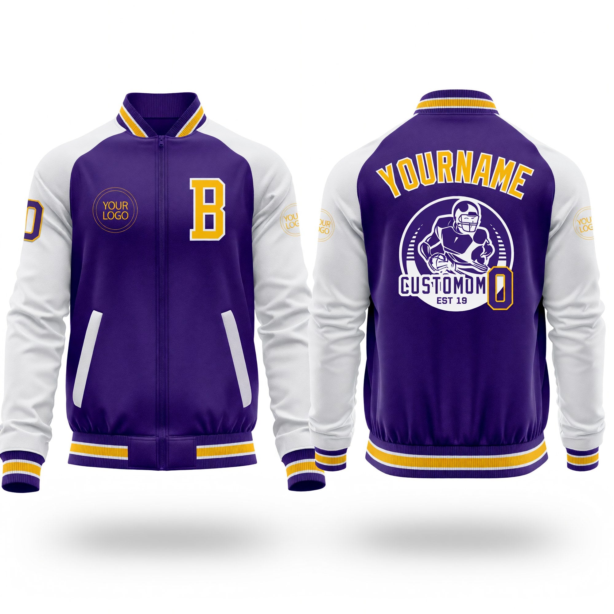 Custom Purple Gold-White Bomber Varsity Letterman Two Tone Zipper Jacket