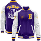 Custom Purple Gold-White Bomber Varsity Letterman Two Tone Zipper Jacket photo 1