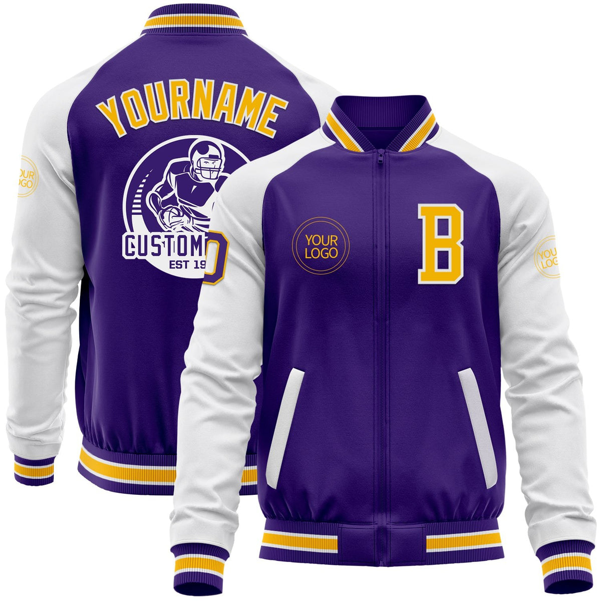 Custom Purple Gold-White Bomber Varsity Letterman Two Tone Zipper Jacket photo 1