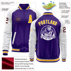Custom Purple Gold-White Bomber Varsity Letterman Two Tone Zipper Jacket photo 4