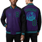 Custom Purple Black-Teal Bomber Varsity Letterman Two Tone Zipper Jacket worn front and back