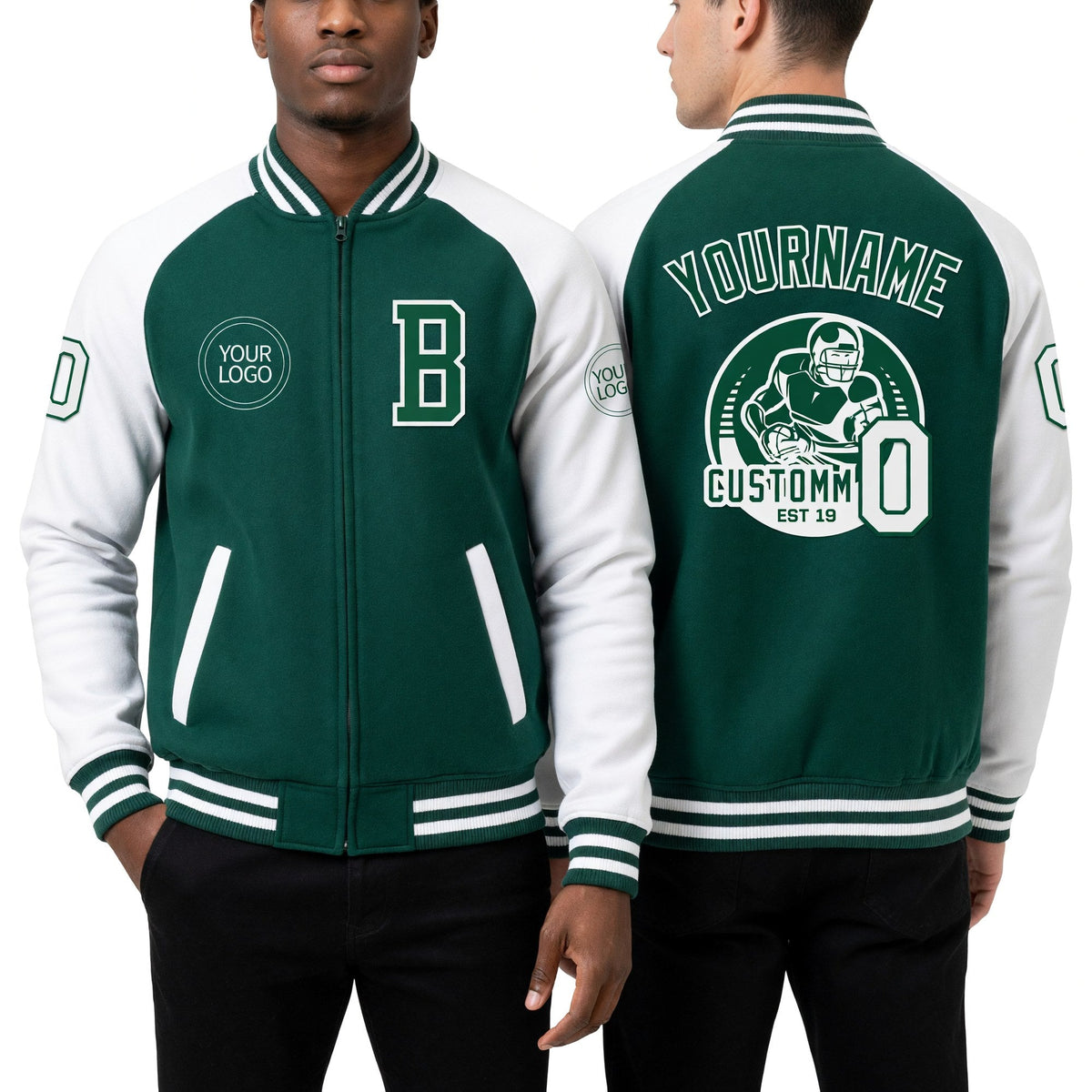 Custom Kelly Green White Bomber Varsity Letterman Two Tone Zipper Jacket worn front and back