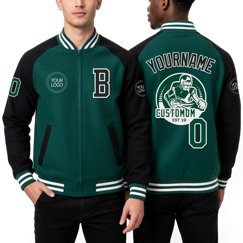 Custom Kelly Green Black-White Bomber Varsity Letterman Two Tone Zipper Jacket worn front and back