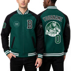 Custom Kelly Green Black-White Bomber Varsity Letterman Two Tone Zipper Jacket worn front and back