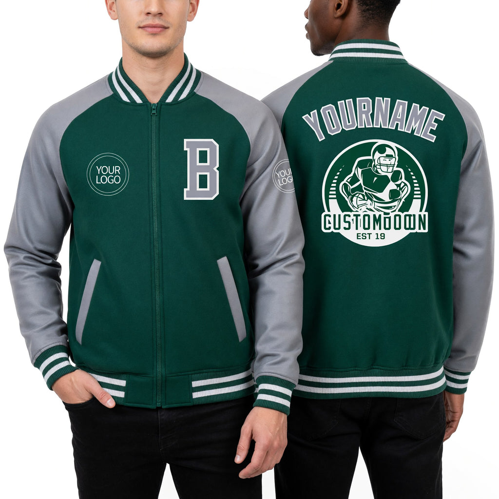 Custom Kelly Green Gray-White Bomber Varsity Letterman Two Tone Zipper Jacket worn front and back