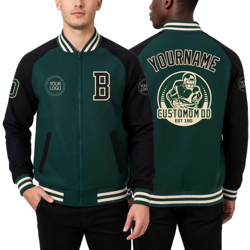 Custom Green Black-Cream Bomber Varsity Letterman Two Tone Zipper Jacket worn front and back